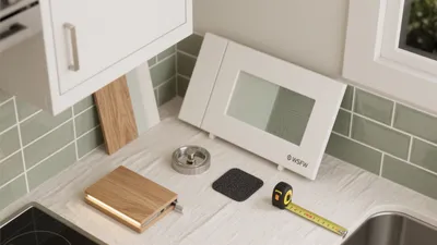 Modern Kitchen Countertop Design with Green Tiles & Smart Organization