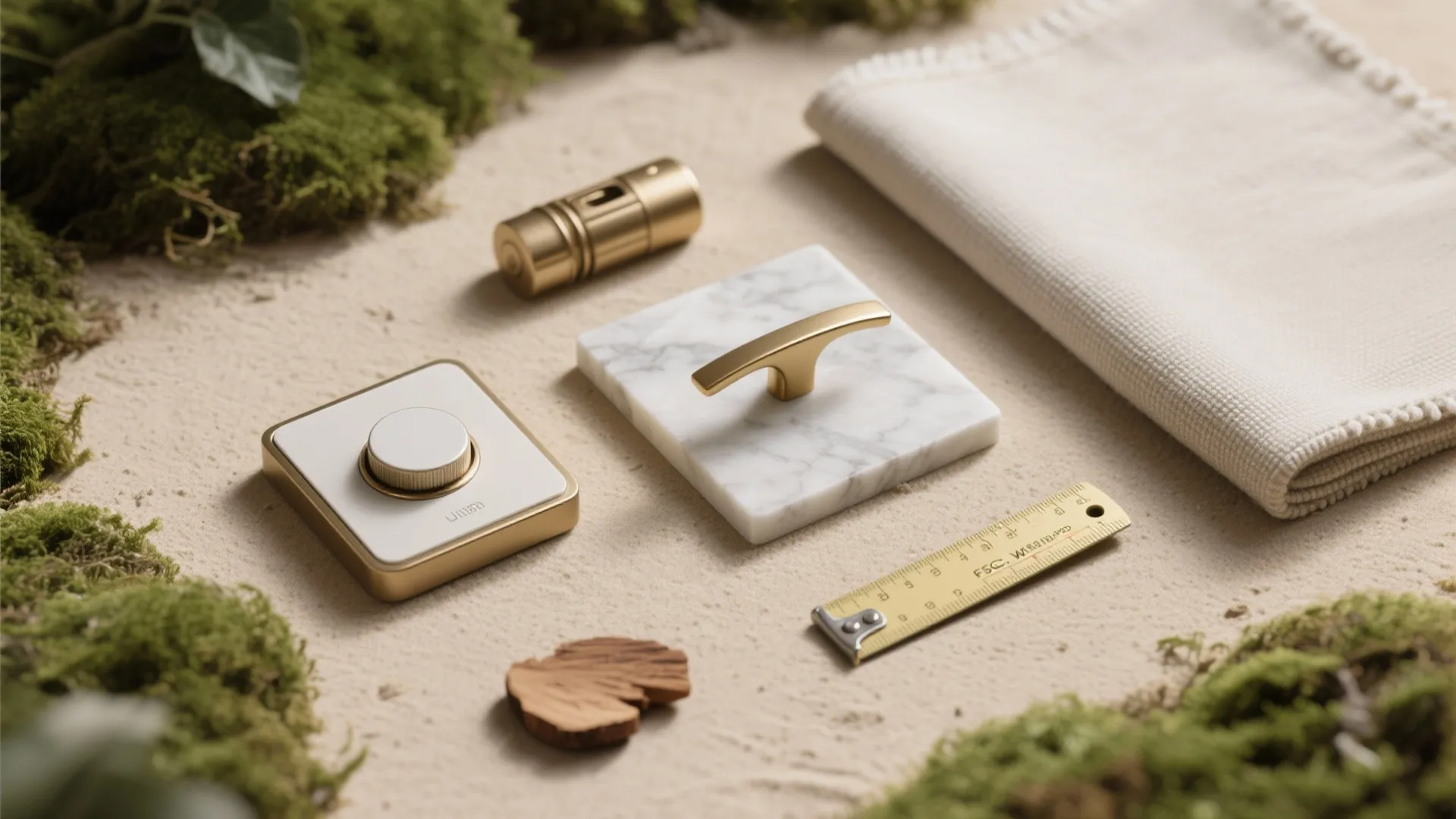 Top-down still life of dimmer switch, brass pull, stone sample, linen swatch, and tape measure on sand background