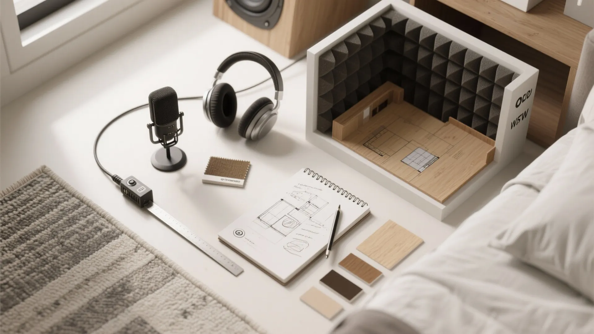 Microphone headphones notebook with floor plan drawing color swatches and acoustic booth model on surface