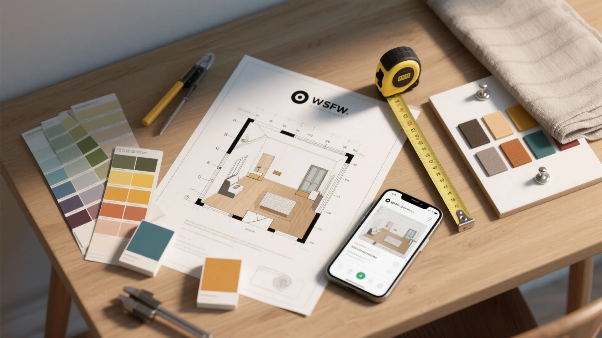 Top-down flatlay of a floor plan, color swatches, tape measure and a phone with a room planner app for one‑bedroom decisions.