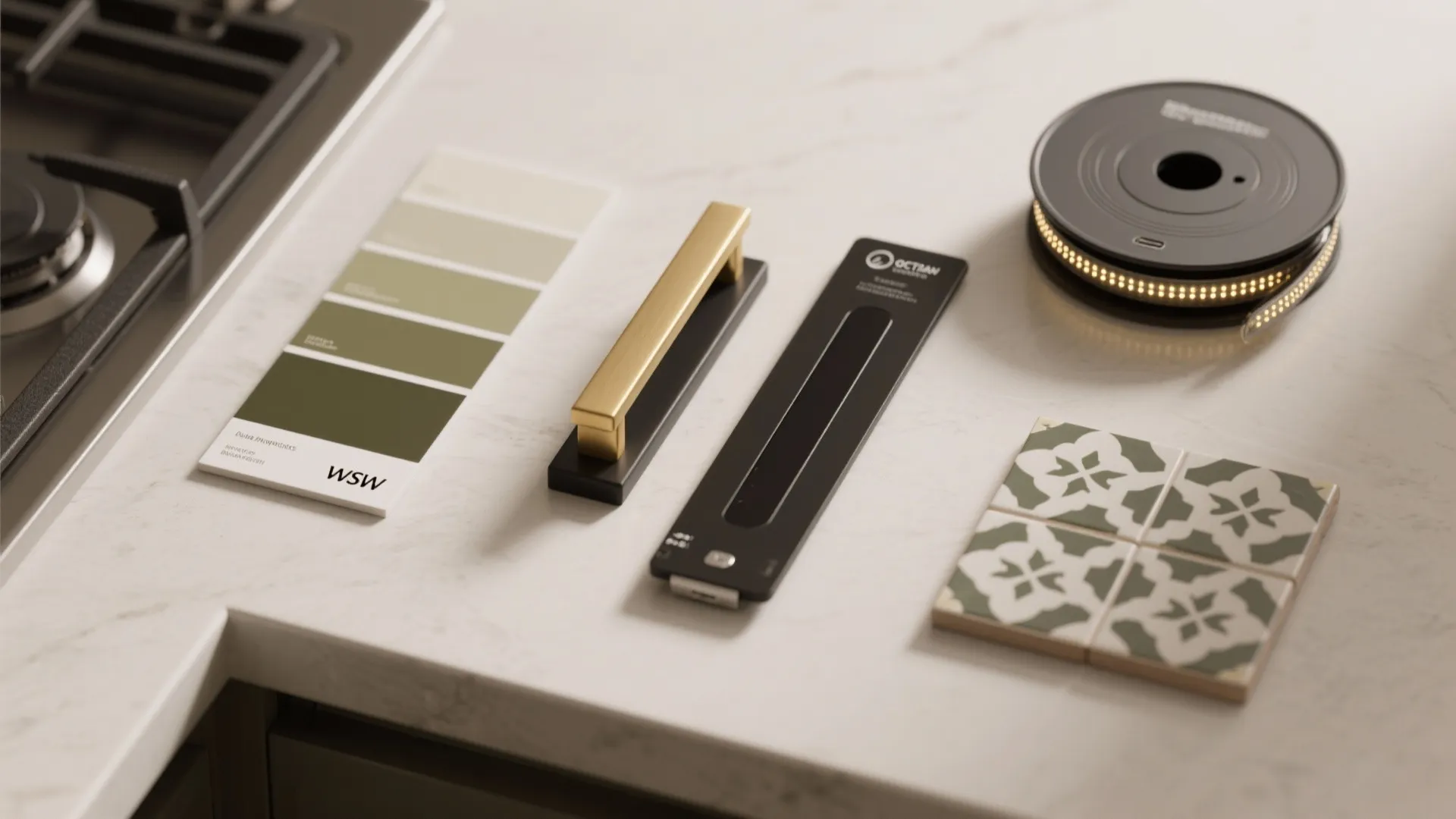 Design mood board with green color samples gold handle black light switch and patterned tiles