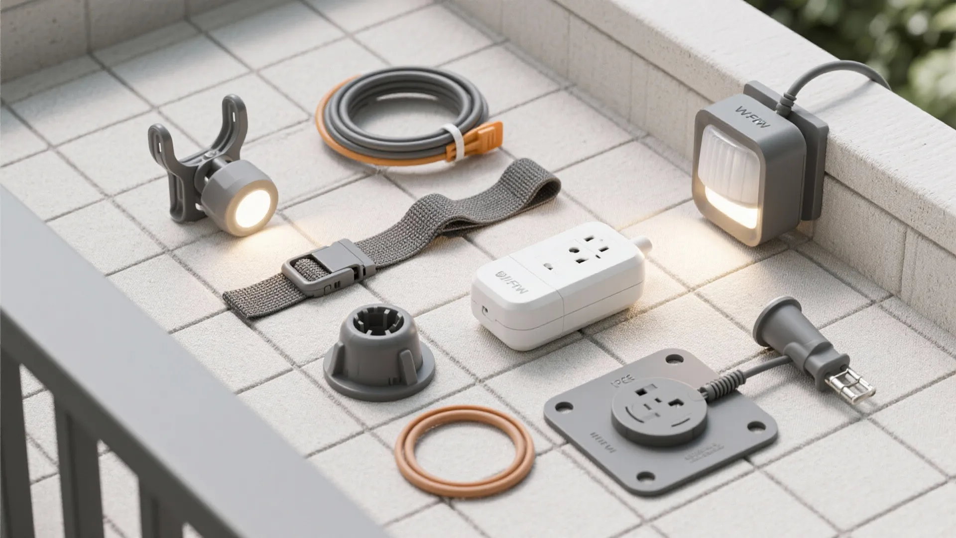 Flat lay of renter-friendly balcony lighting accessories like hooks, clips, ties, smart plug, and motion sensor.