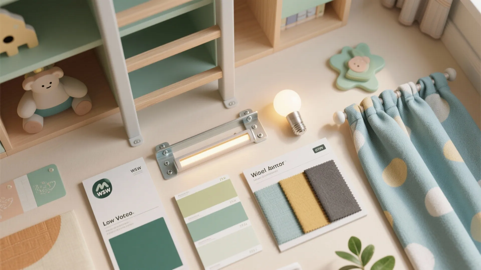 Flat lay of interior design materials including fabric swatches light fixtures and a blue curtain