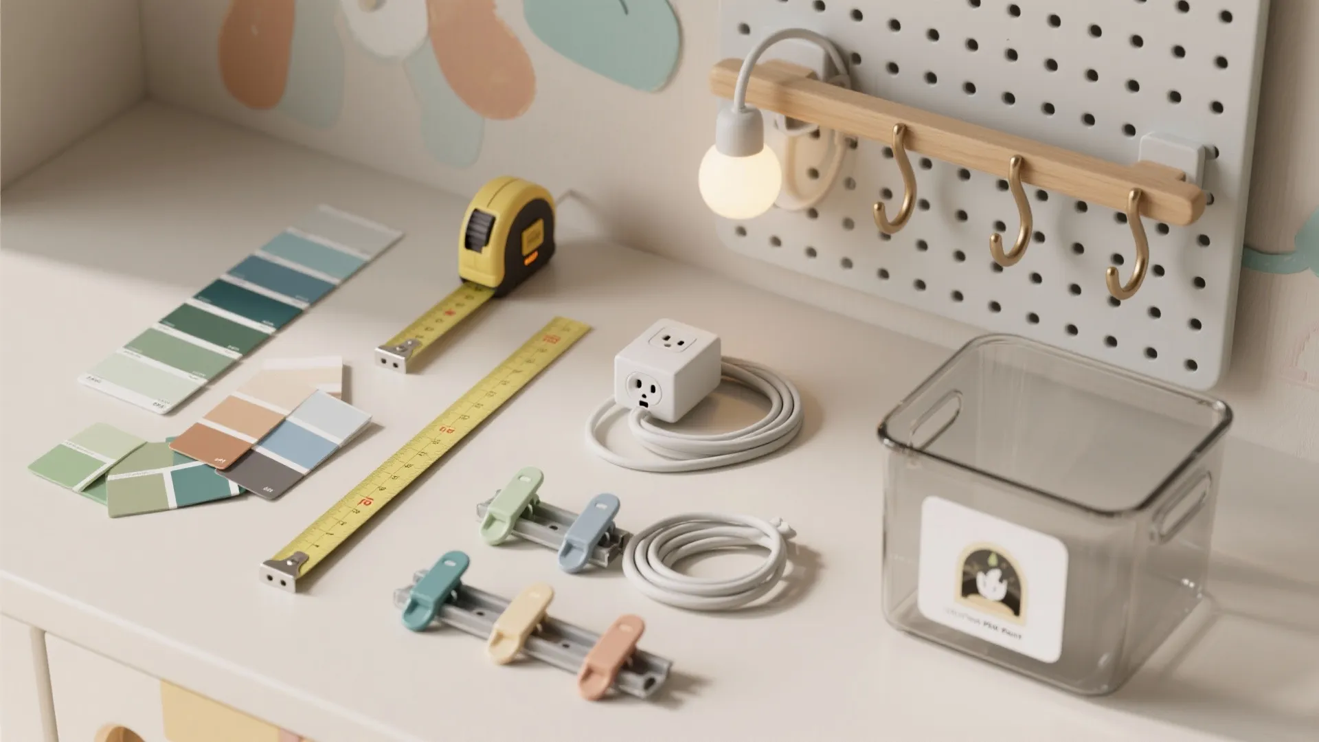 Interior design tools including paint swatches measuring tape cables and small light on white desk