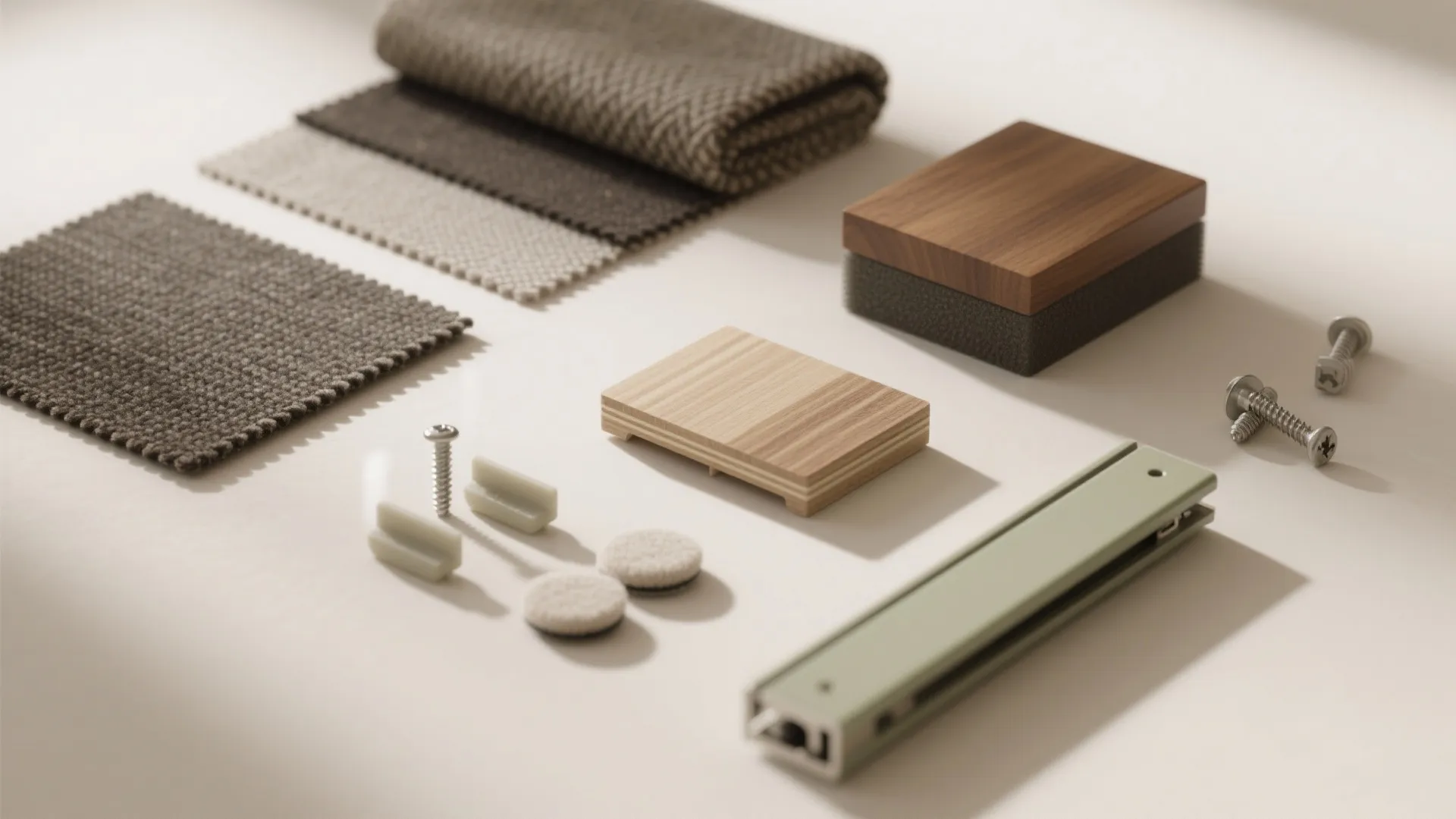 Various furniture assembly parts including fabric swatches wooden blocks screws and metal tracks on white surface