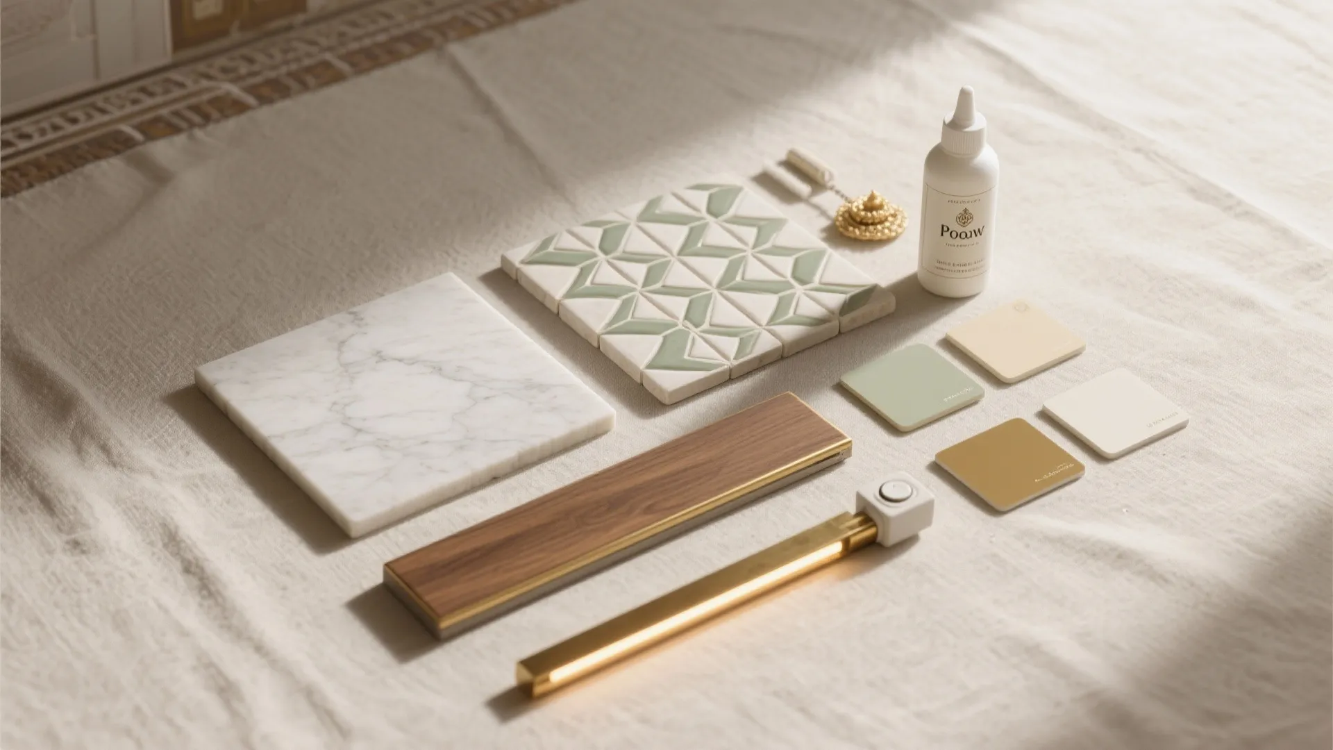 Interior design board with marble tile patterned tile wood piece color swatches and gold light