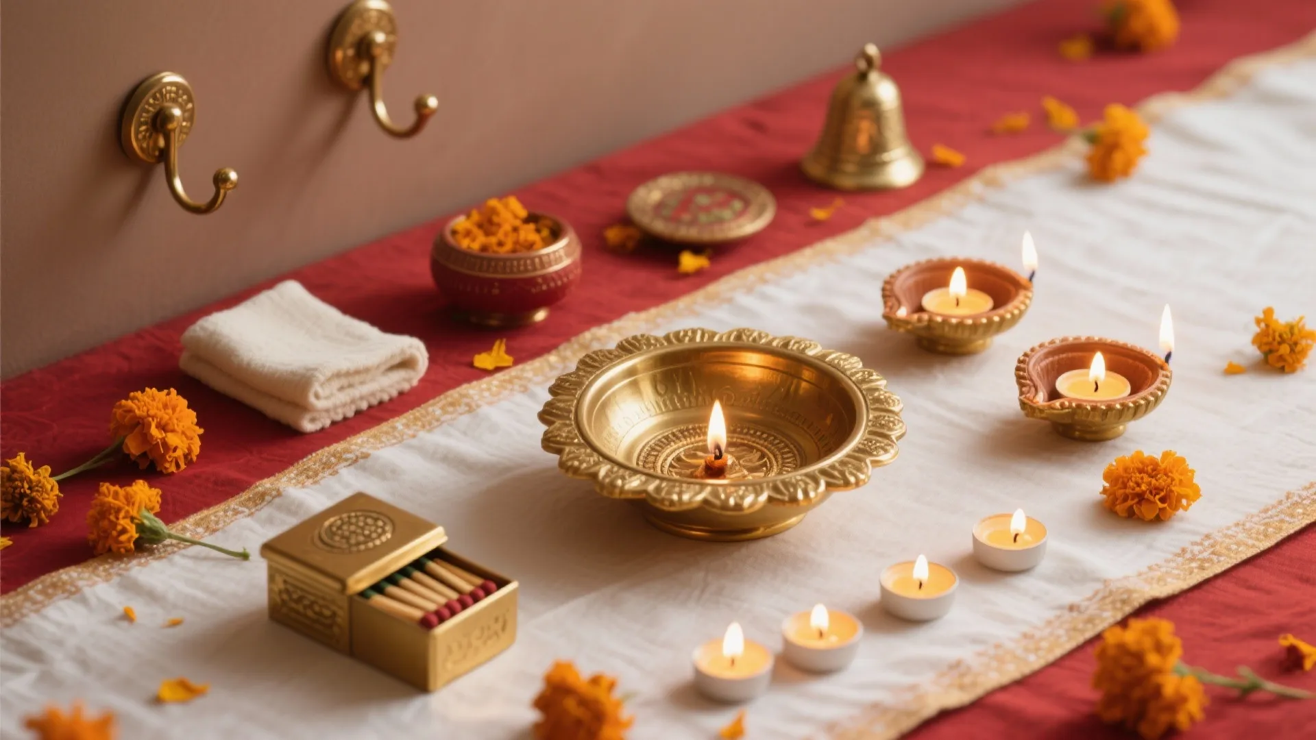 Flatlay of Diwali puja essentials: brass urli, diya holders, warm LEDs, lidded box, cotton runner, hooks, bell, marigold petals.