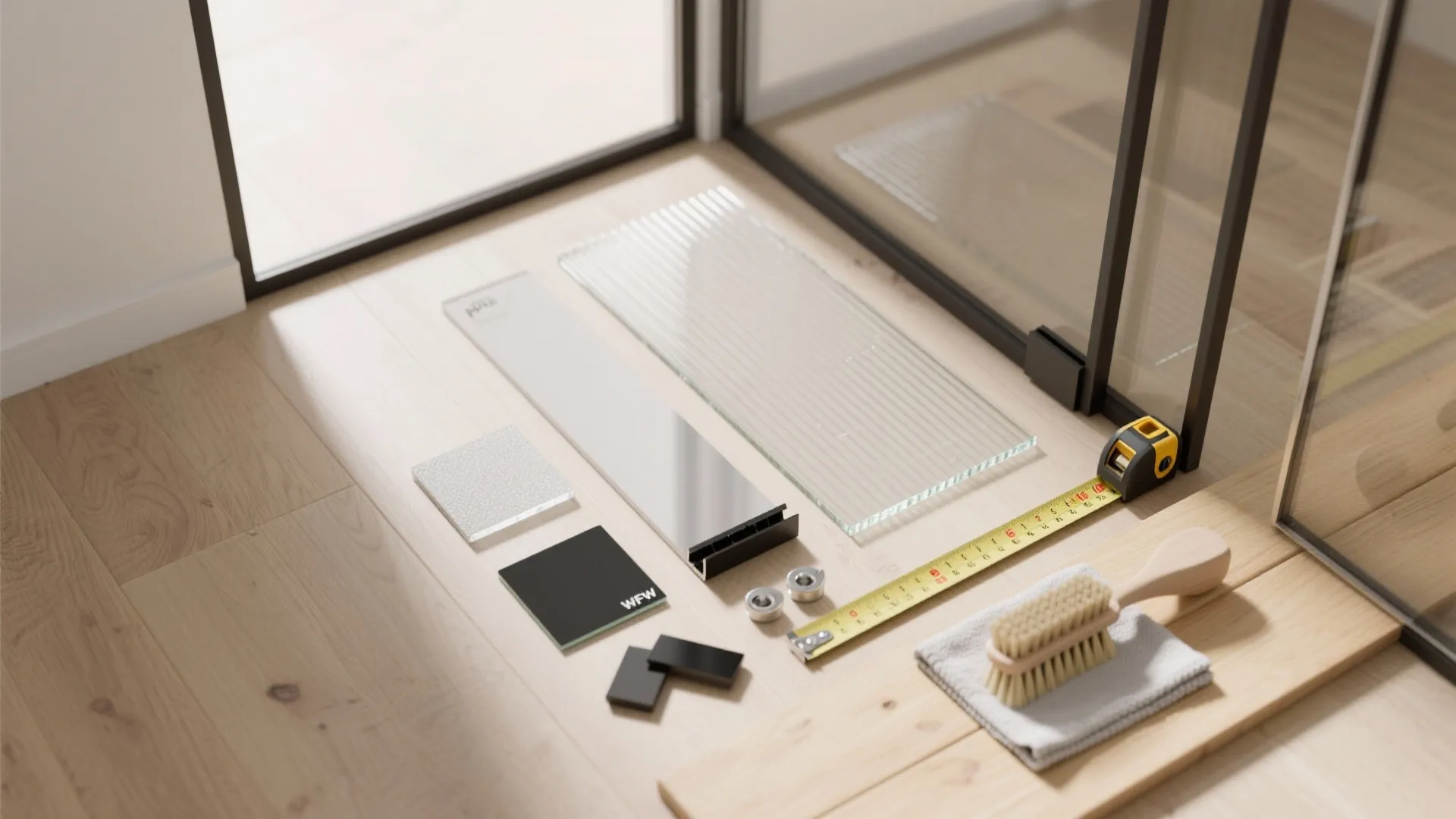 Flat lay of glass samples metal pieces measuring tape and brush on light wooden floor