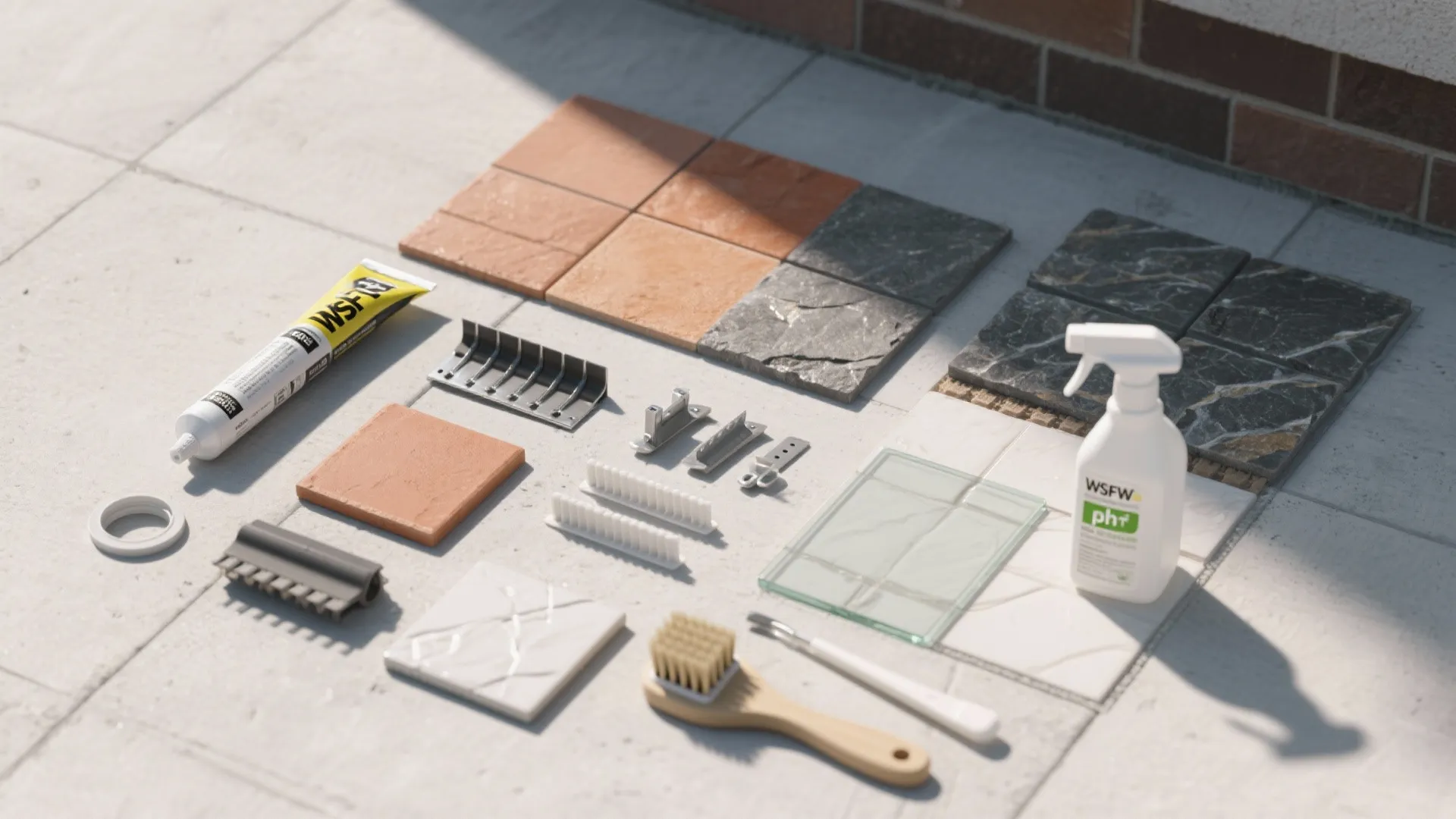 Top-down flat lay of exterior tile samples, sealants, flashing pieces, and soft cleaning tools.