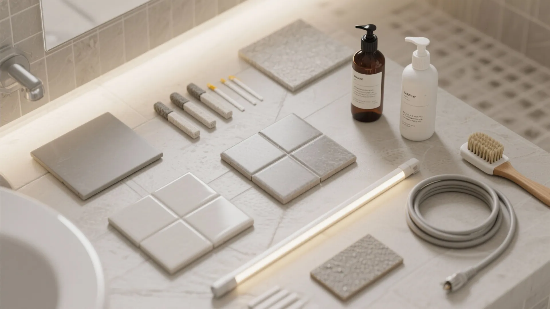 Flat lay of matte tile samples, grout sticks, cleaner and sealer bottles, brush, LED strip, and a small heating cable.