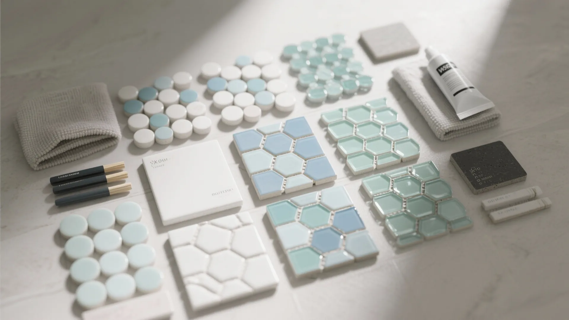 Flatlay of mosaic tile samples—penny rounds, hex, glass—and grout options in soft whites, blues, and greens under diffuse daylight.