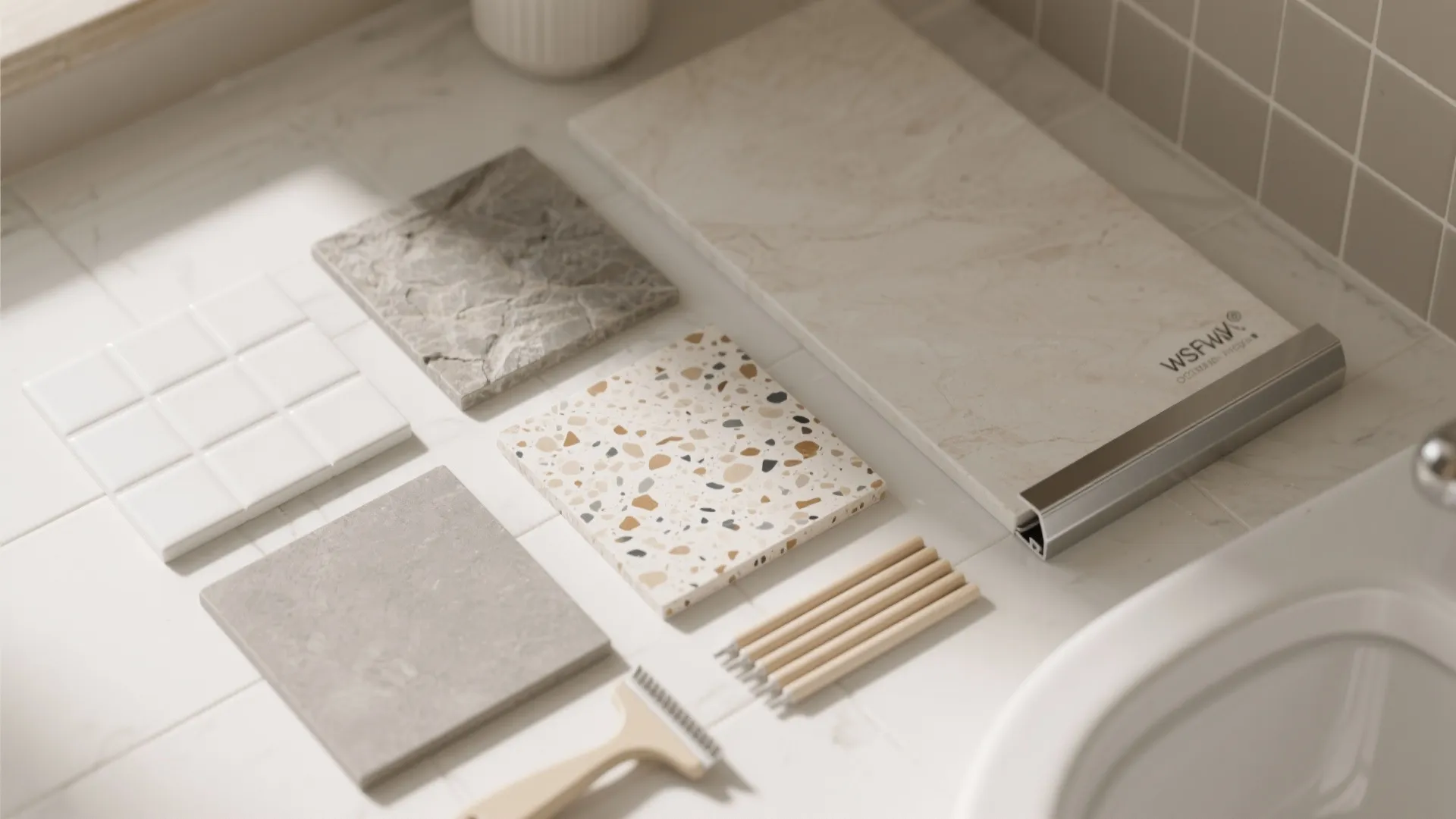 Various interior design material samples including marble tiles and stone patterns for a bathroom renovation project