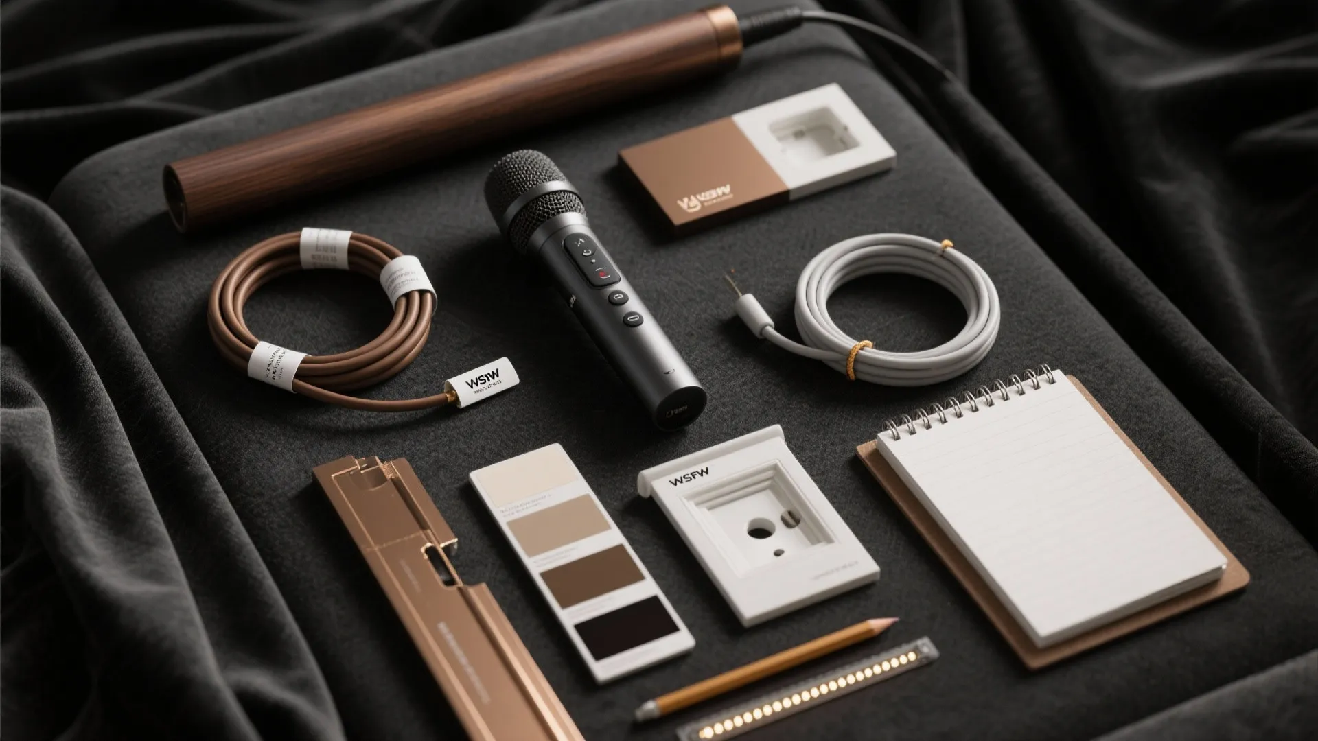 Workplace equipment display featuring a microphone, notebook, color swatches, pencils, cables, and various small tools