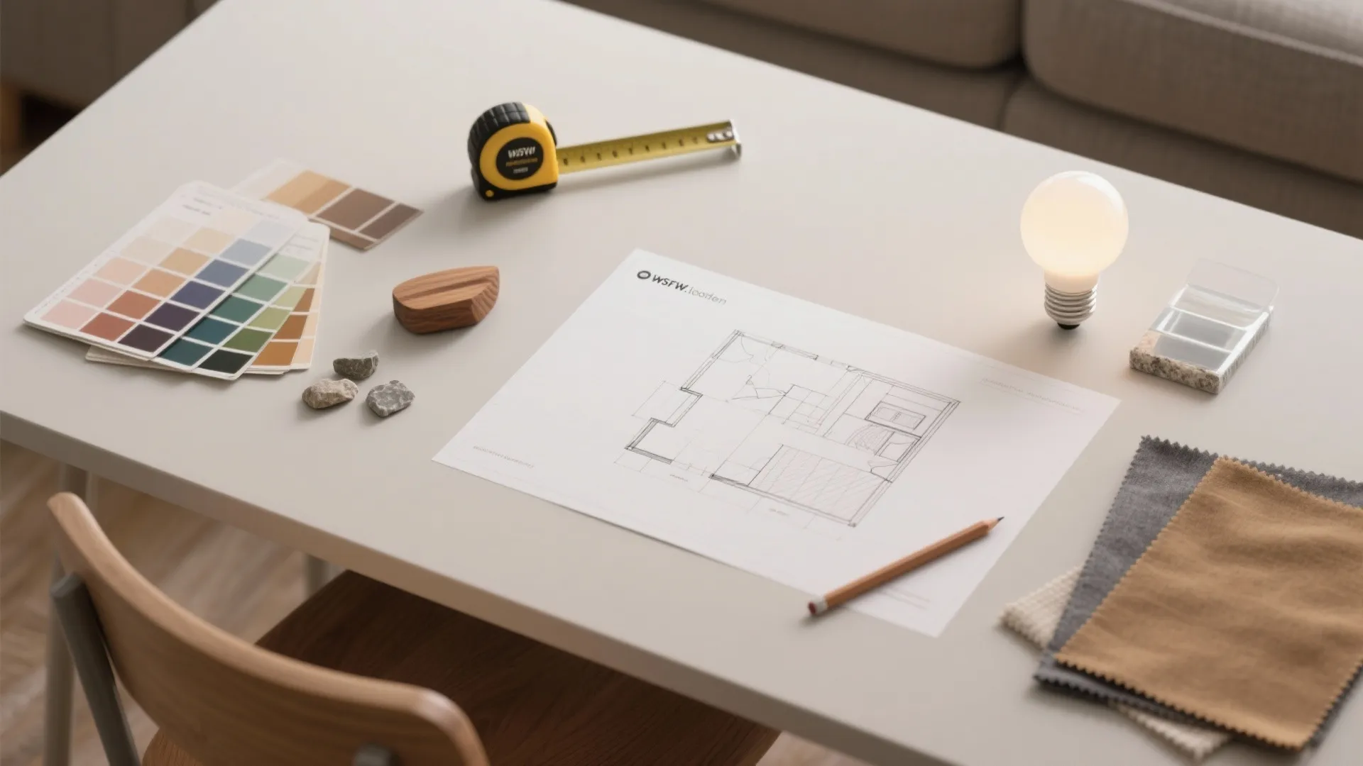 Desk with floor plan drawing color samples measuring tape pencil and light bulb for home design