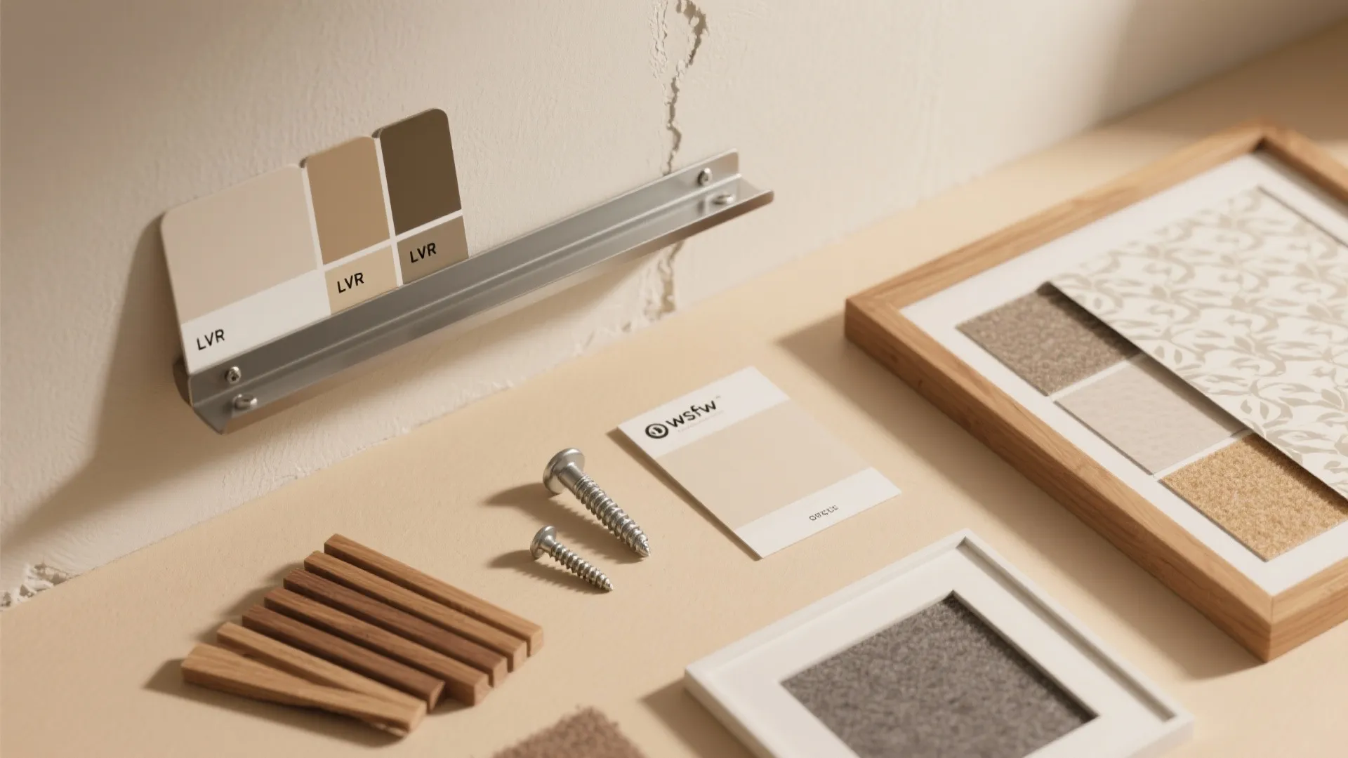 Interior design mood board with color samples wood pieces screws and picture frames on desk