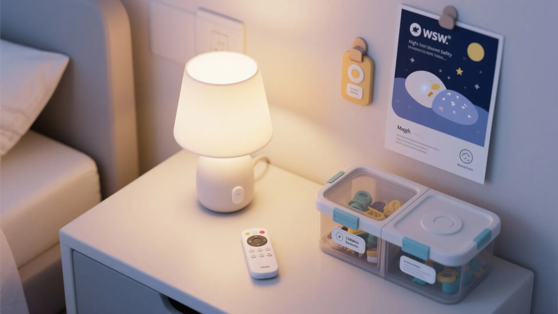 Top-down image of sleep-safe bedroom items: night light, dimmer remote, magnet-backed poster and small-parts container.