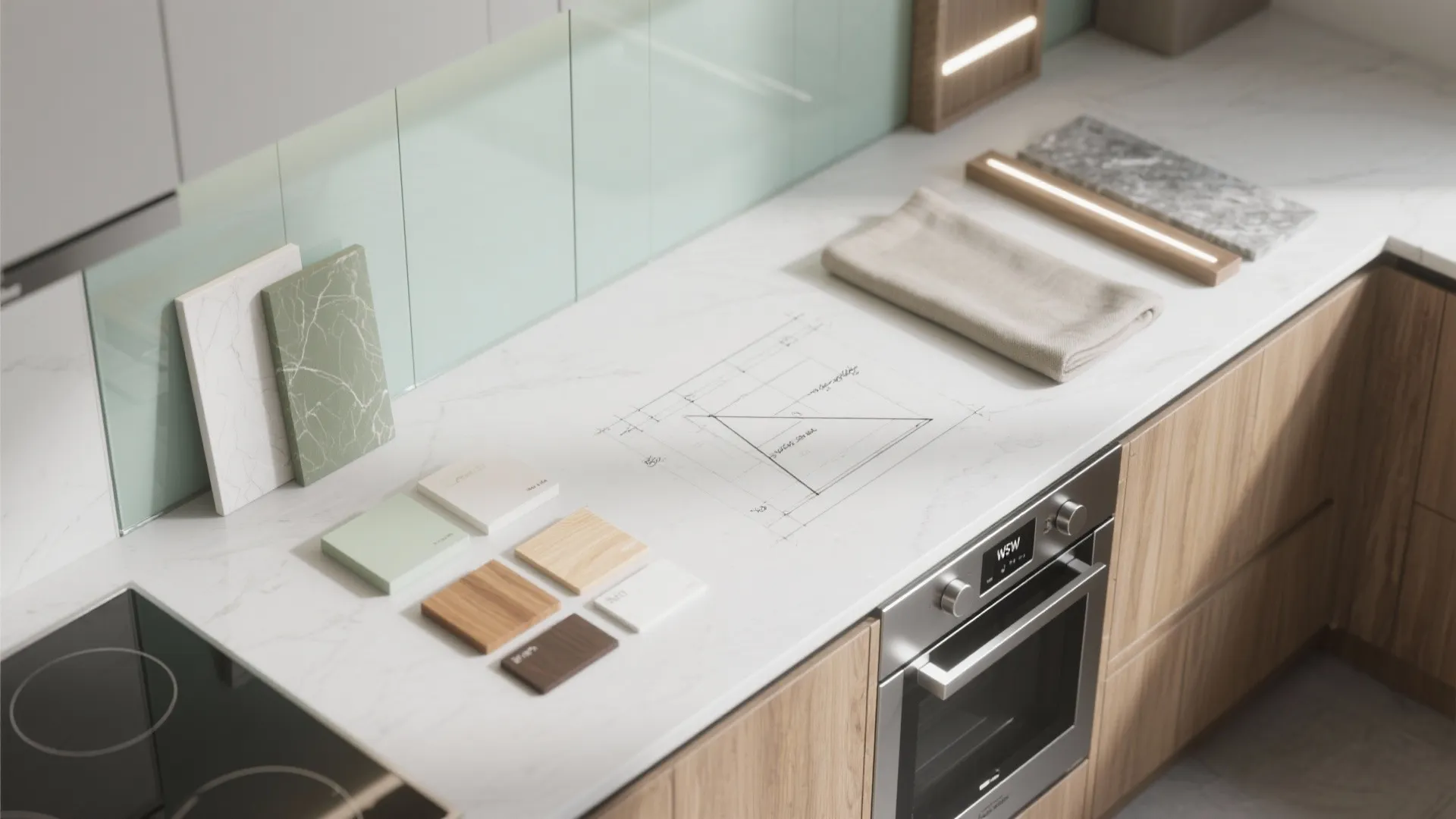 Kitchen countertop flat lay showing material samples design sketch wood texture tiles and a silver oven