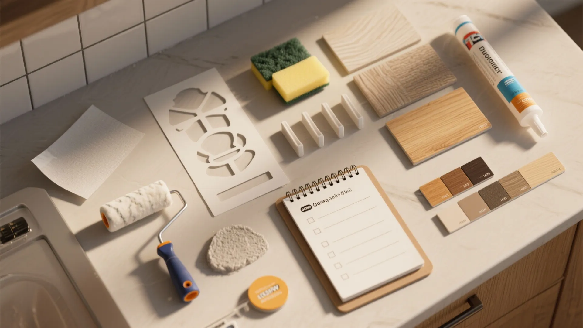 Selection of home renovation tools including paint roller wood samples notebook sponges and color swatches