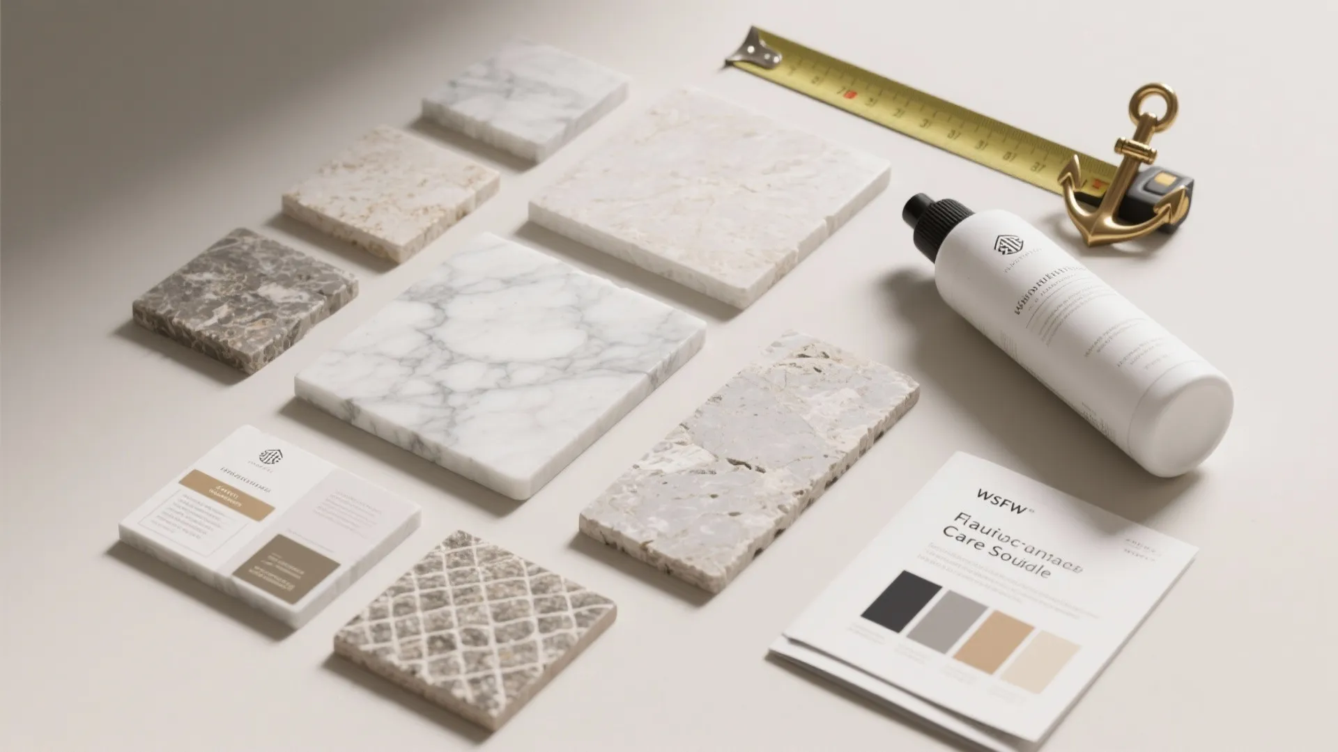 Flatlay of marble samples, grout swatches, and sealing product for FAQs and care guidance.