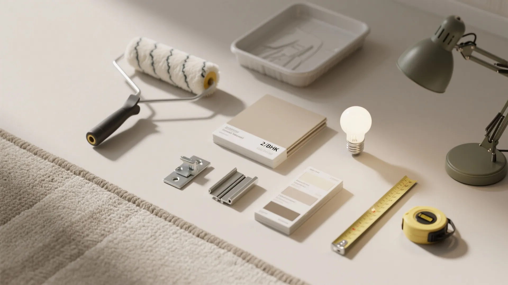 Home renovation tools including a paint roller paint samples measuring tape and desk lamp setup