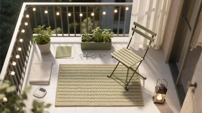 Cozy Balcony Design with Green Accent and String Lights