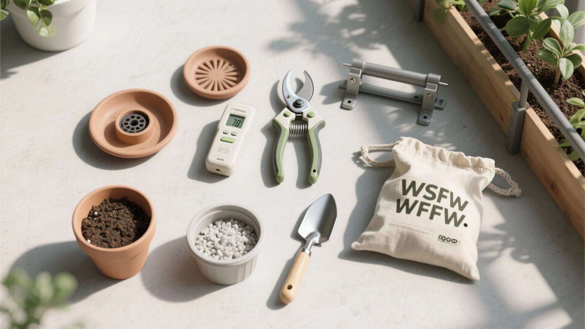 Collection of gardening tools including hand shovel scissors and small pots on a white floor surface