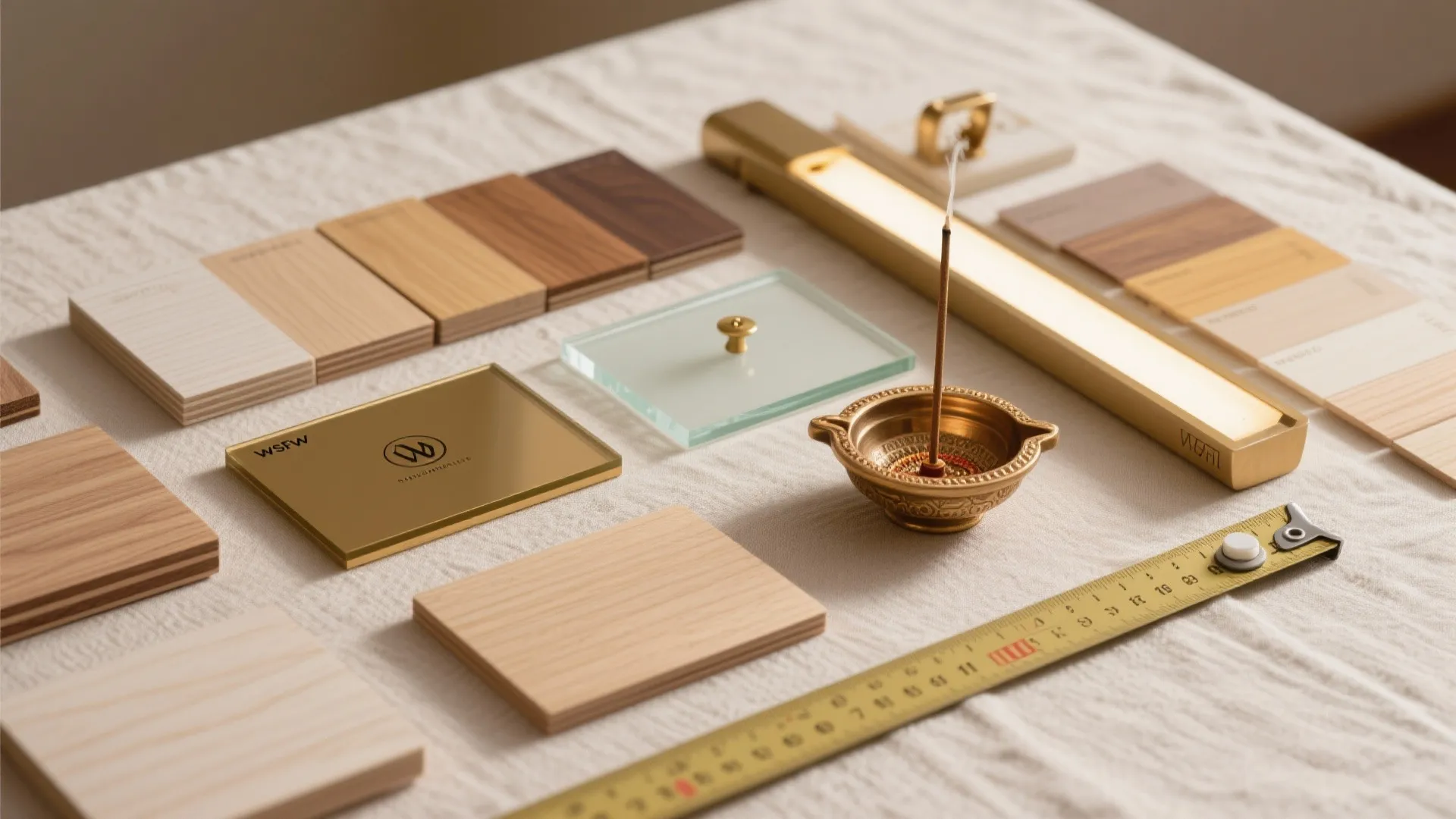 Selection of wood samples and brass hardware displayed on a white table for interior design