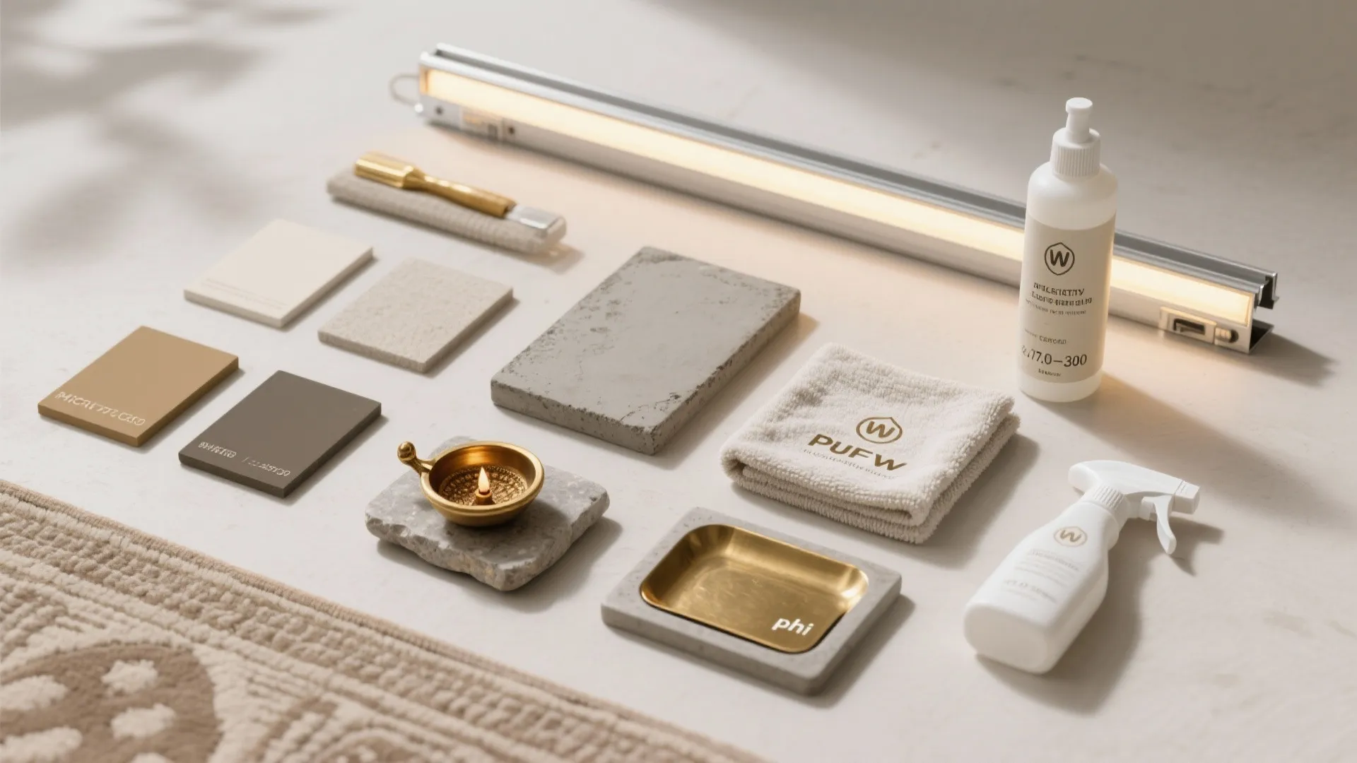 Interior design flat lay with light fixture stone samples color tiles small towel and bottle