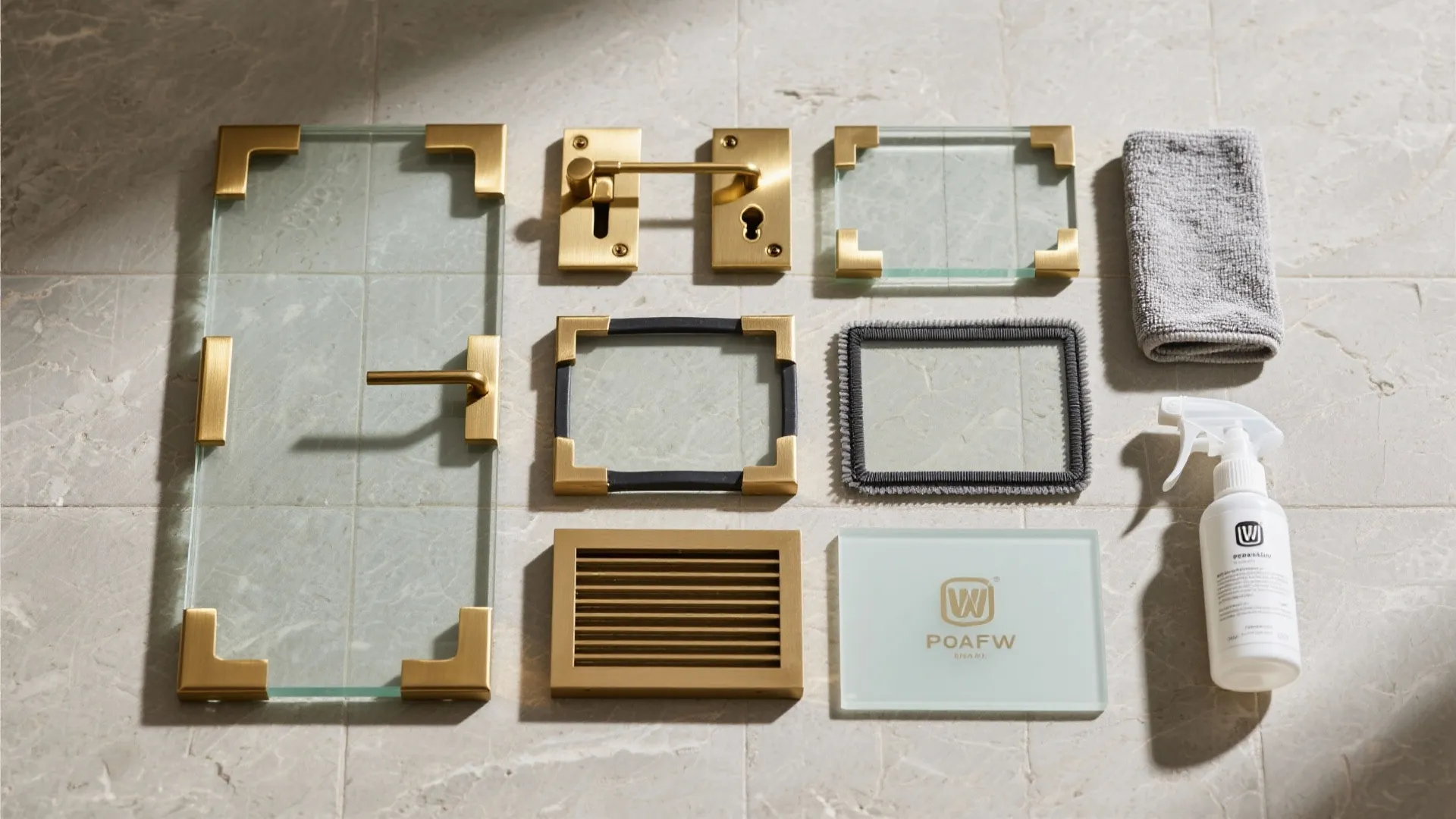 Collection of gold door handles glass panels cleaning spray and grey cloth on marble floor
