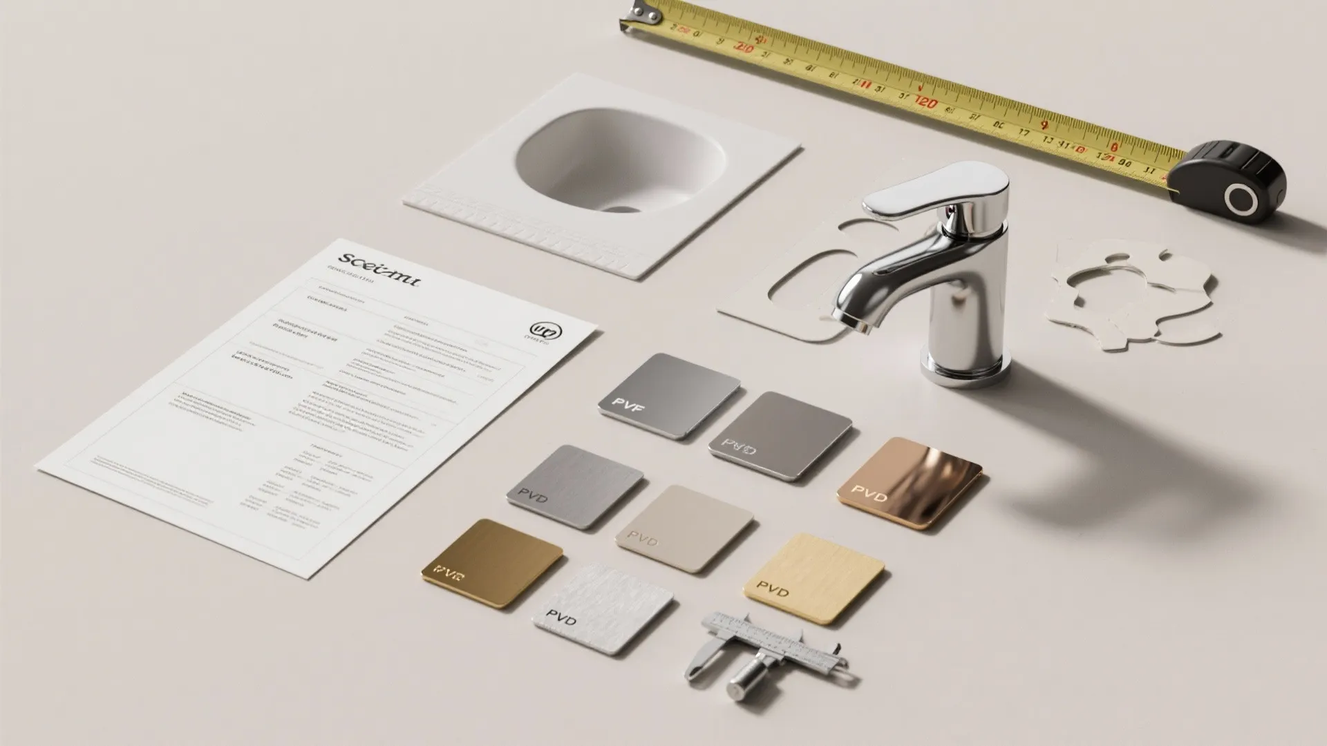 Flatlay of faucet finish swatches, measuring tools, and spec sheets for three-hole faucet planning.
