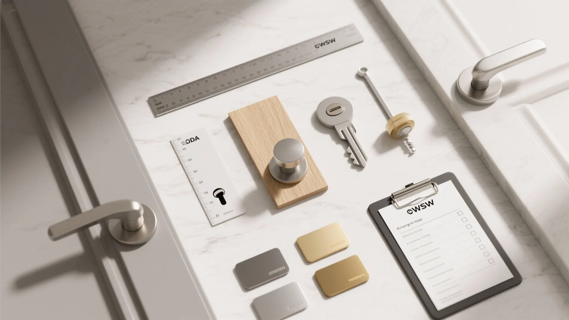 Flat lay of door hardware samples, measuring tools, and finish swatches for choosing privacy locks.
