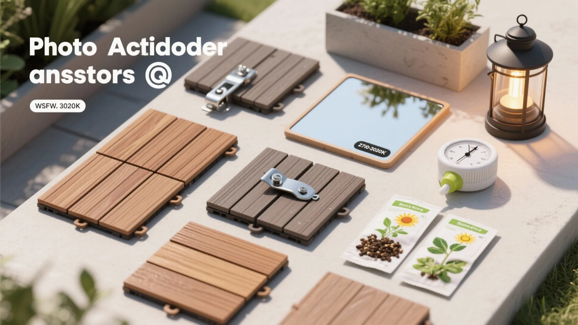 Flat lay of wood flooring tiles, seed packets, garden lantern, and outdoor floor decoration materials