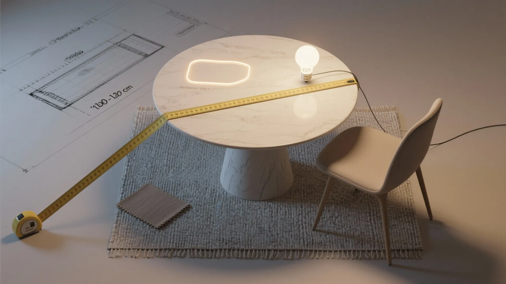 Modern marble table with measuring tape light bulb chair rug and interior design drawing background