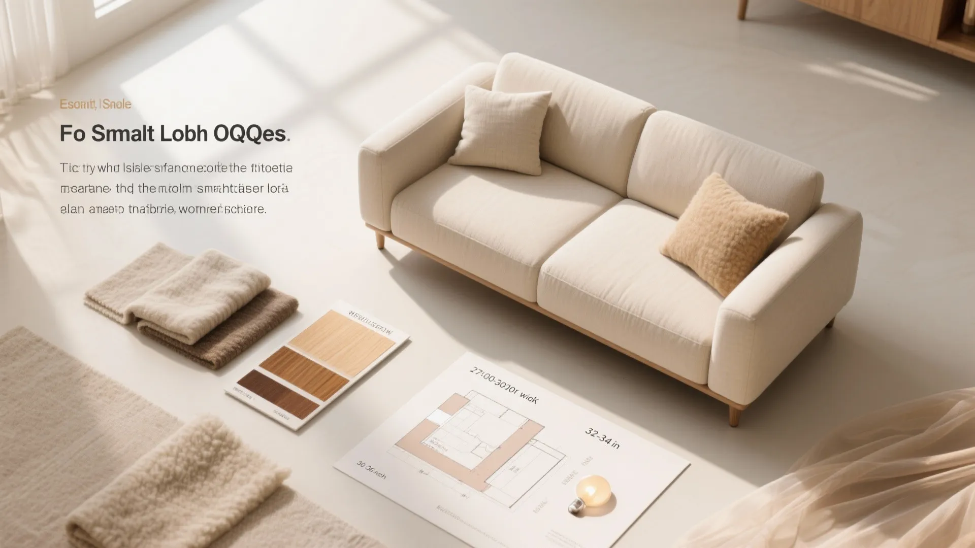 Small beige sofa with floor plan drawing wood samples and soft fabric swatches on floor