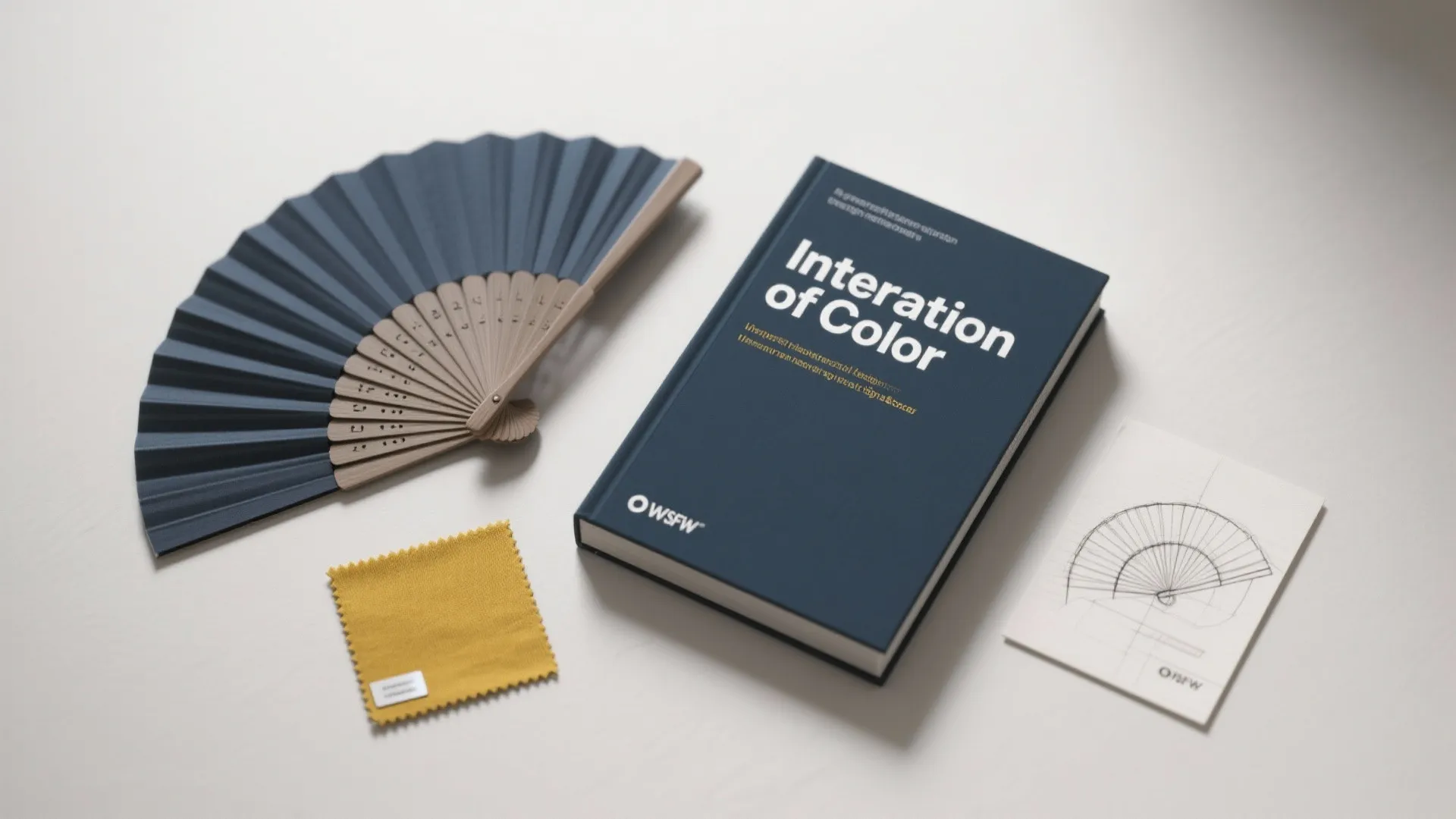Flatlay with 'Interaction of Color' book, paint fans and mustard fabric swatch for reference.