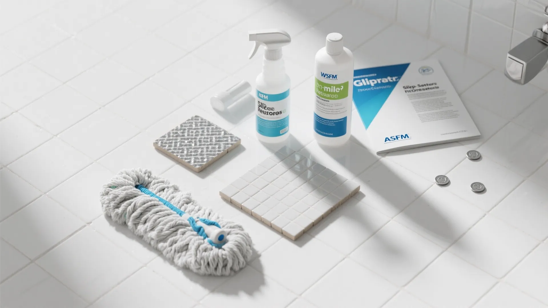 Cleaning supplies with spray bottles mop head and tiles on a white tiled bathroom floor