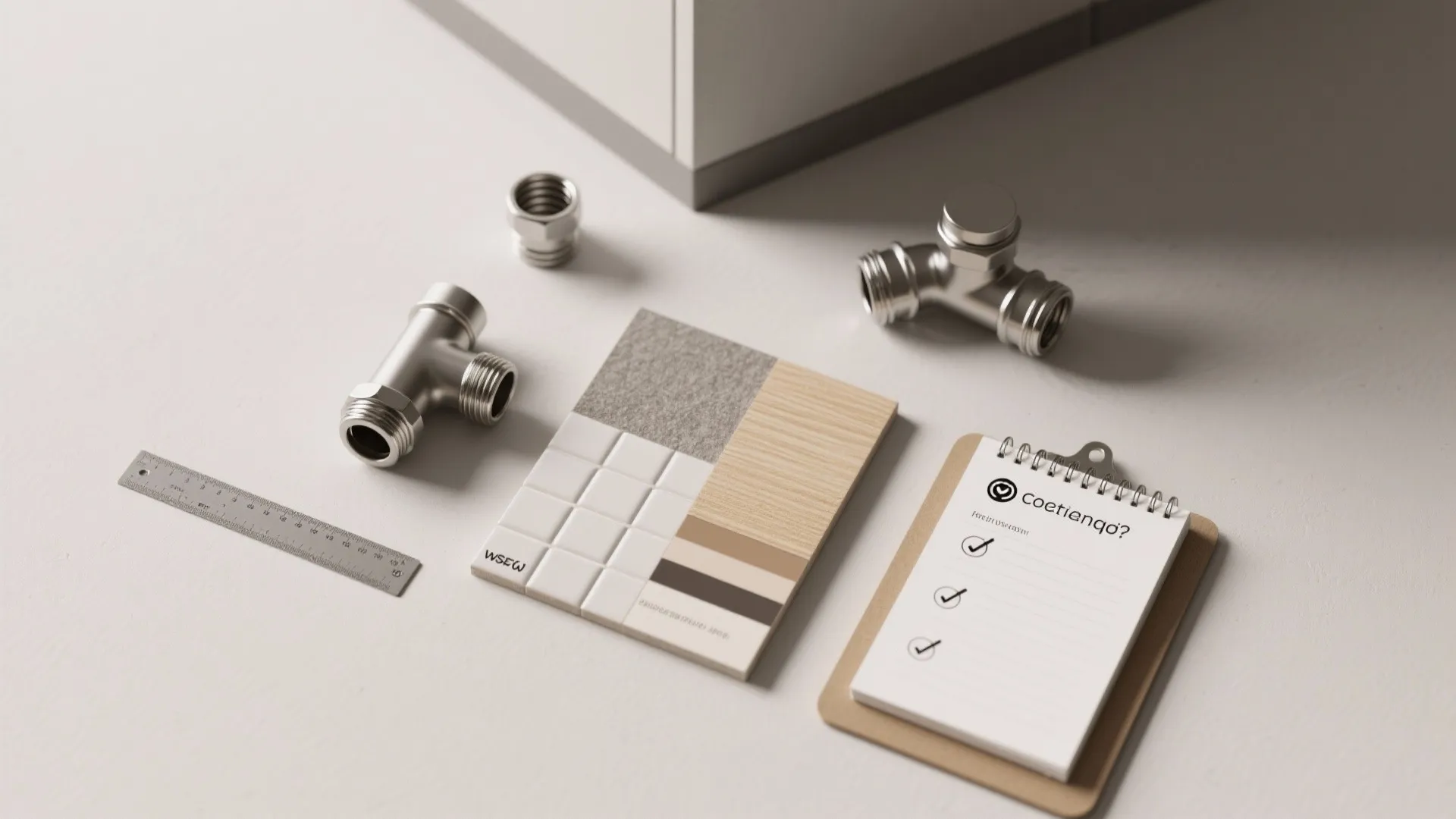 Flatlay showing ruler, plumbing fittings, and material swatches illustrating corner vanity FAQs.