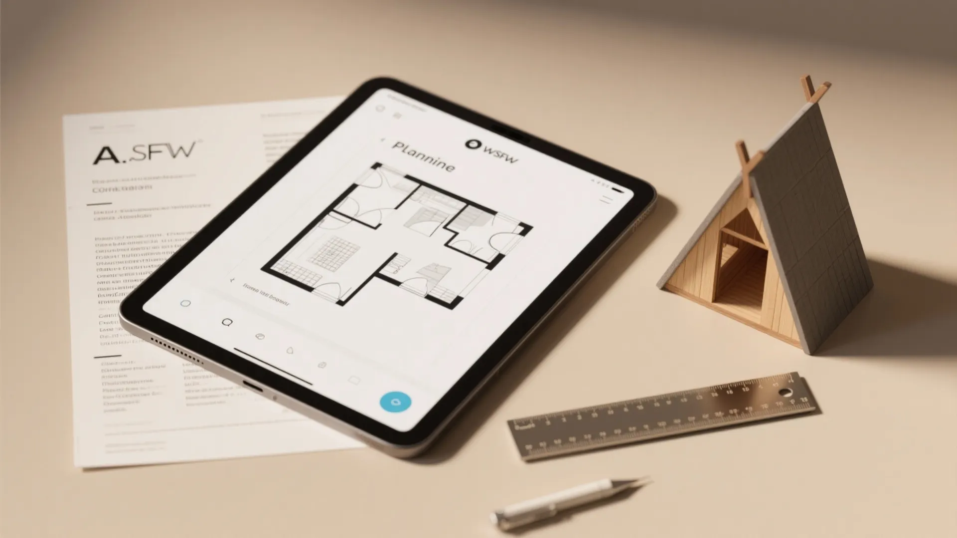 Flatlay of planning tools: tablet with floor-planner, building code documents, ruler, and model A-frame.