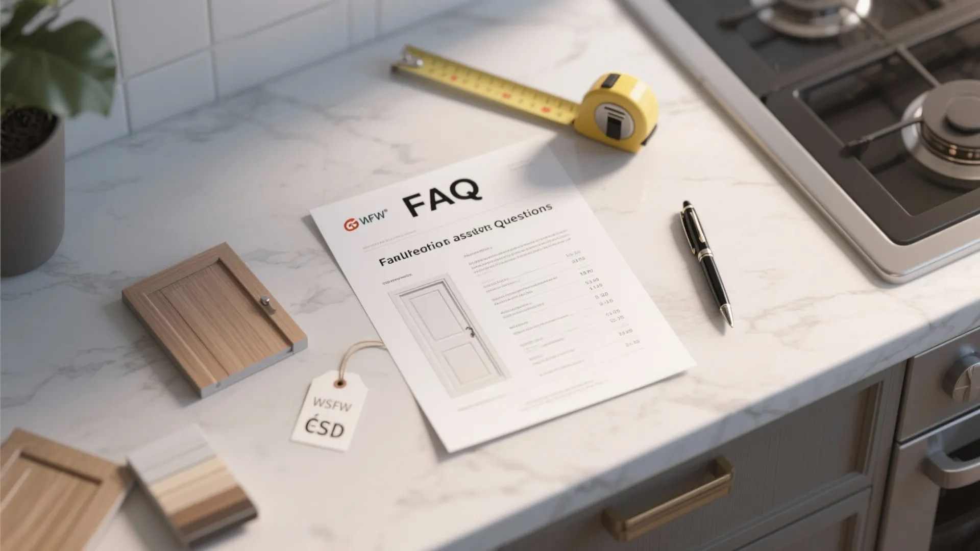 FAQ document paper yellow tape measure black pen and material samples on a marble countertop