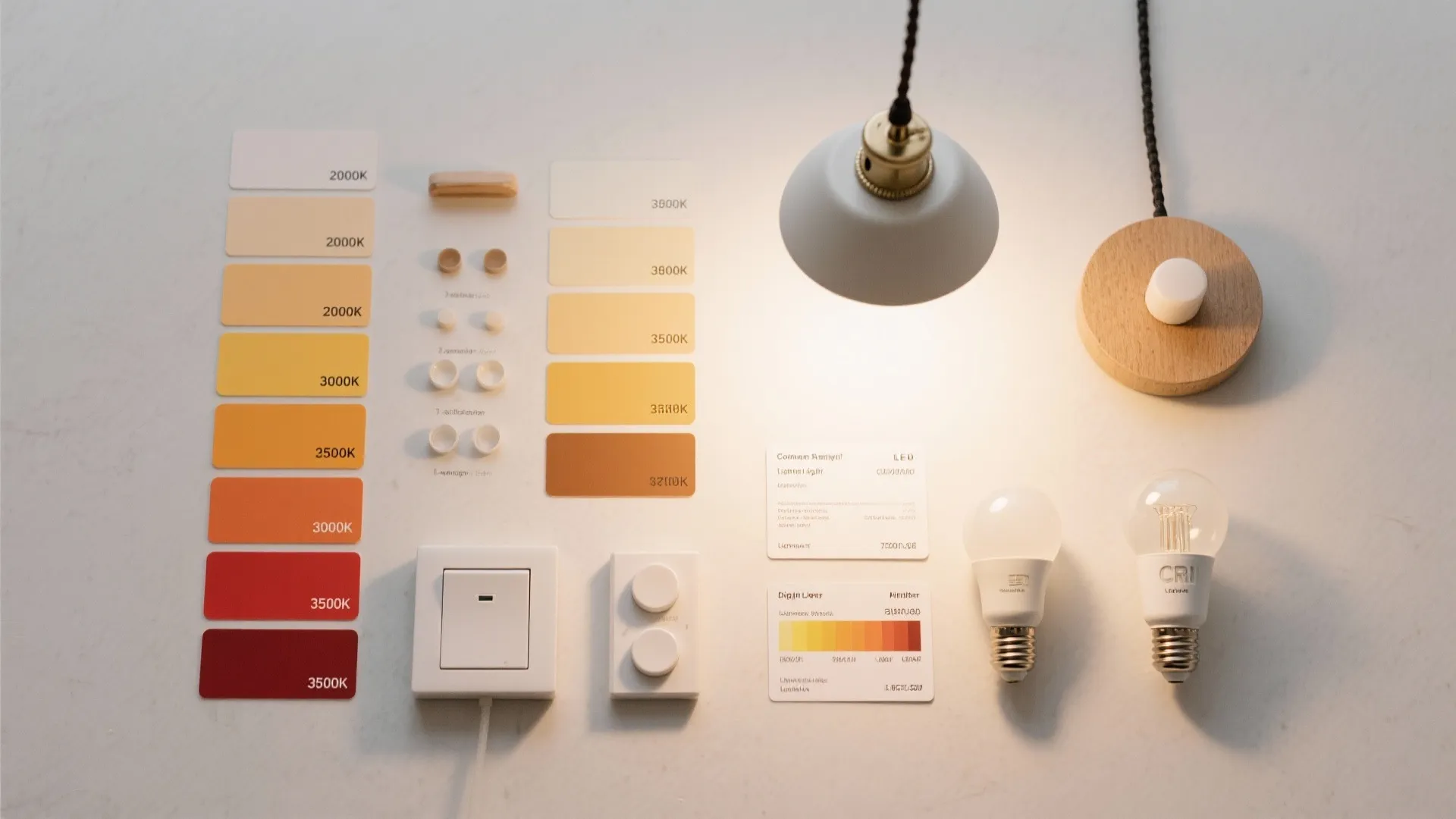 Flat lay display of light bulbs color swatches wall switches and small hanging ceiling lights
