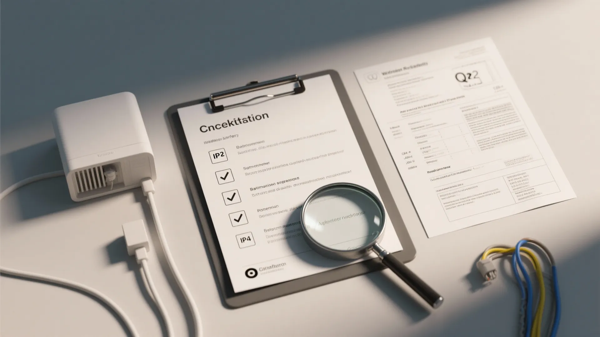 Table top view of a clipboard with checklist magnifying glass white device and electrical wires