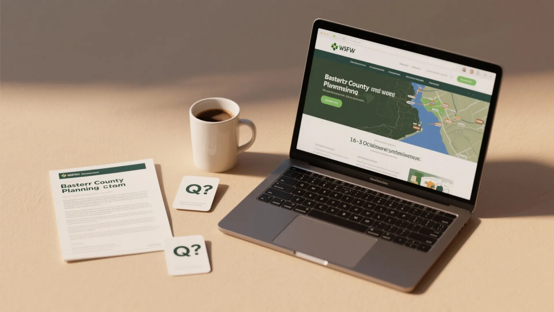 Flatlay with FAQ cards and a laptop displaying local Bastrop planning information.