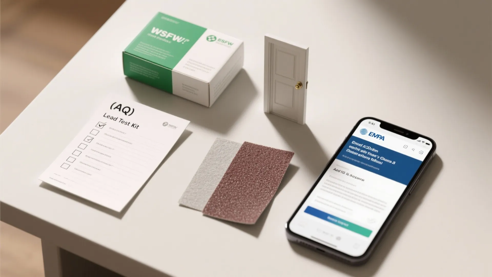 Home lead test kit with checklist, small door model, smartphone app, and green product box