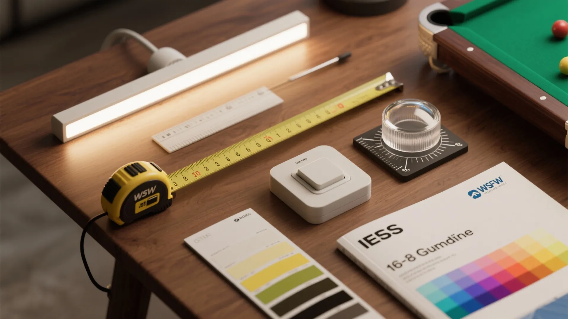 Table with light fixture measuring tape color swatches and tools for professional interior design projects