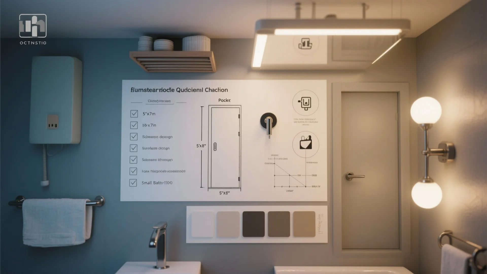 Bathroom design plan wall showing door drawing color swatches wall light and white sink vanity