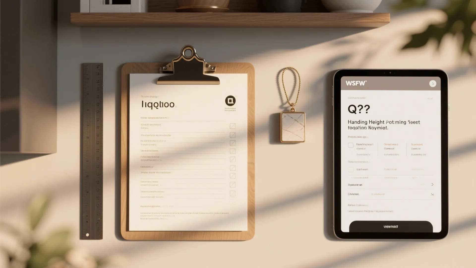 Flatlay of FAQ materials, ruler, pendant sample and a tablet showing tips for hanging light heights.