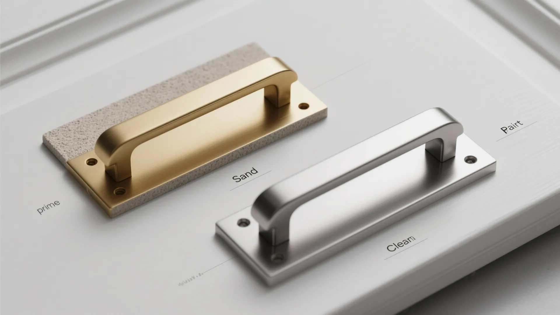 Flatlay showing hardware prep stages: sanded plated brass, primed sample, and stainless pull ready for paint.