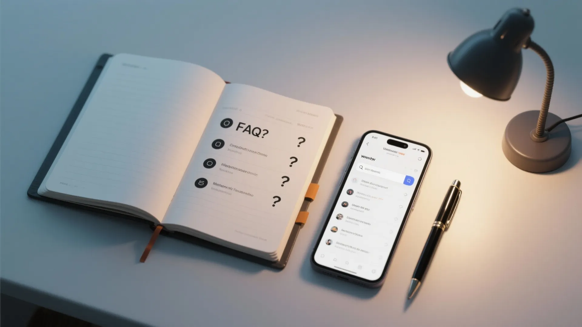 Desk with open notebook showing FAQ text next to smartphone black pen and desk lamp