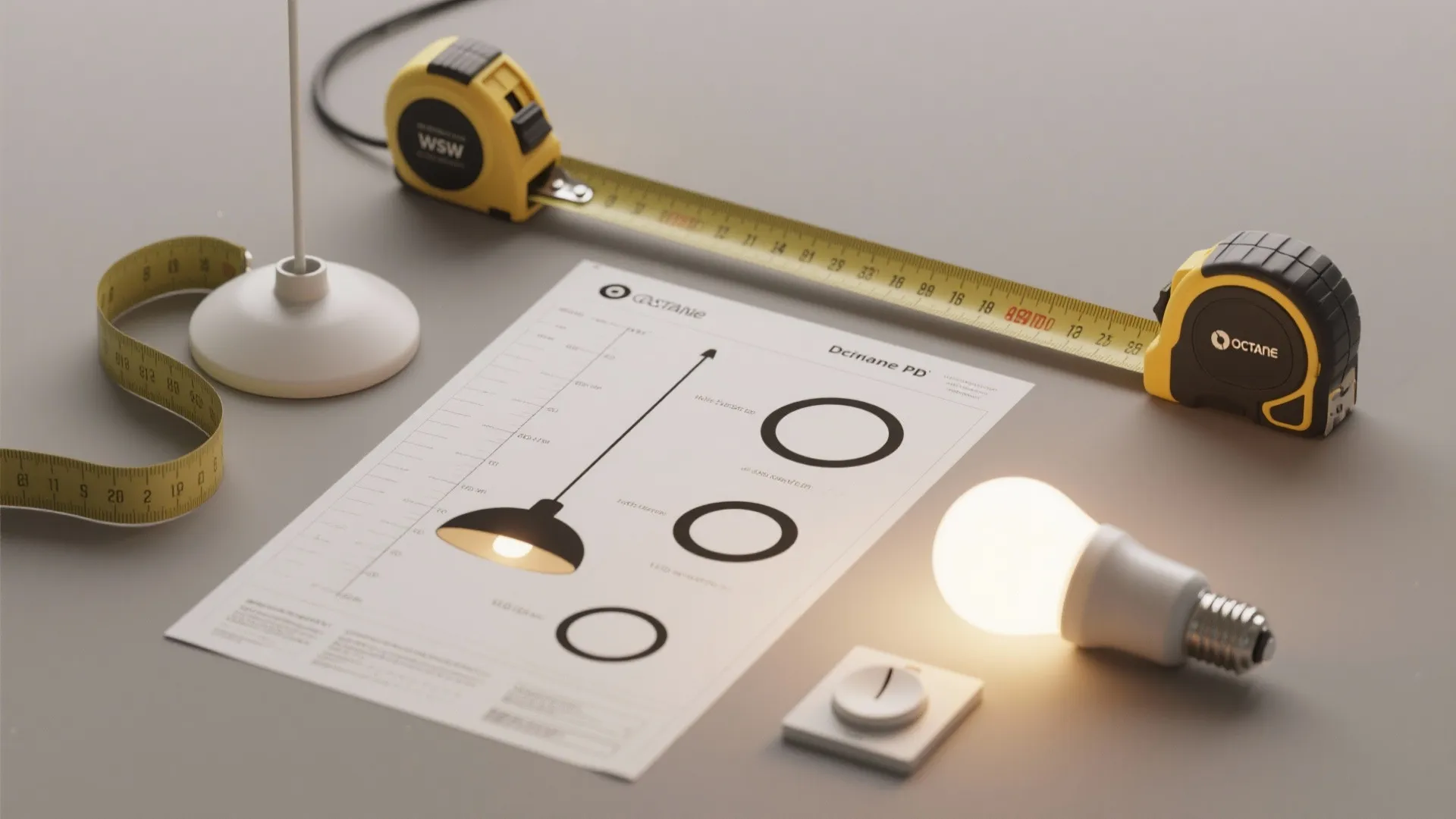 Technical lighting plan document with measuring tape bright light bulb and switch on a grey desk