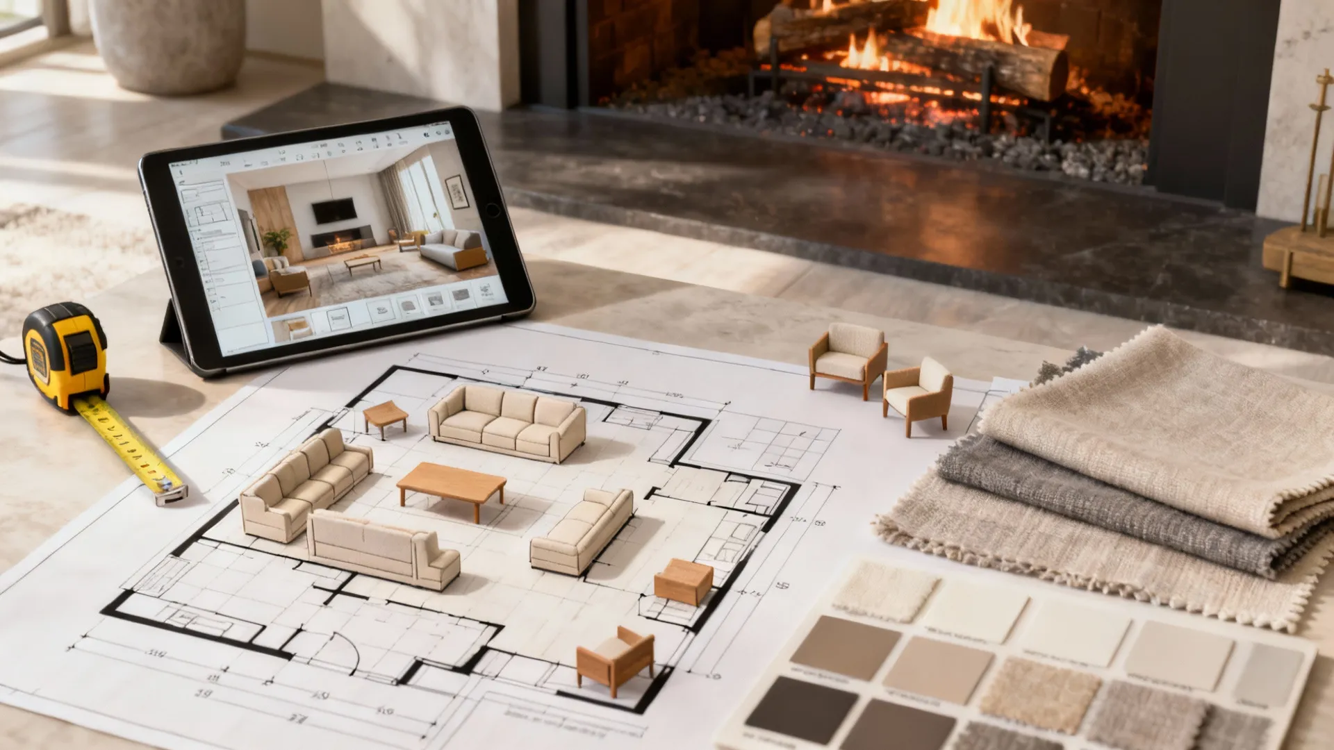 Floor plan design with furniture models tablet displaying interior render fabric samples and tape measure